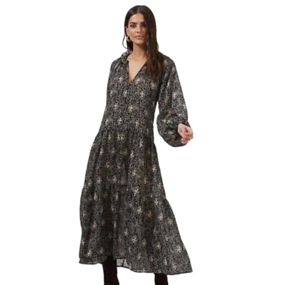 Revolve ASTR The Label NWT Black Floral Gardenia Peasant Fall Maxi Dress XS - Picture 1 of 12
